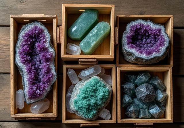 A collection of amethyst and quartz crystals in cedar crates